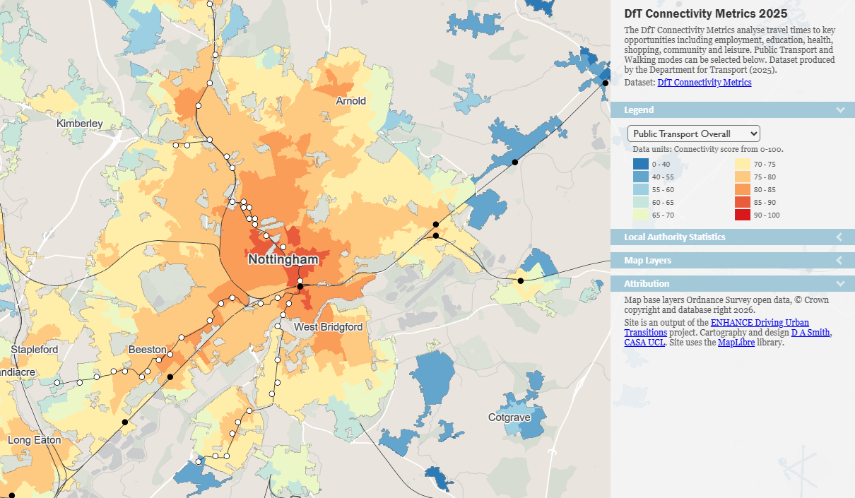Public Transport connectivity map for Nottingham